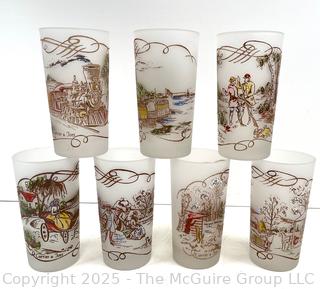 Seven (7) Currier and Ives Frosted Tall Drink Bar Glasses<br>

<br><br>

Removal Options:<br><br> Sat (Nov 8) & Sun (Nov 9) 11-3pm, 56 Scotch Hill Rd., Cambridge NY 12816<br><br>

Sat (Nov 15) 12-2pm, TMG Warehouse, 2800 Juniper St., Fairfax, VA 22031<br><br>

Request Shipping (david@themcguiregroupllc.com)