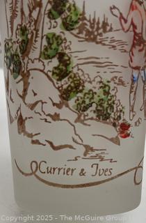 Seven (7) Currier and Ives Frosted Tall Drink Bar Glasses<br>

<br><br>

Removal Options:<br><br> Sat (Nov 8) & Sun (Nov 9) 11-3pm, 56 Scotch Hill Rd., Cambridge NY 12816<br><br>

Sat (Nov 15) 12-2pm, TMG Warehouse, 2800 Juniper St., Fairfax, VA 22031<br><br>

Request Shipping (david@themcguiregroupllc.com)