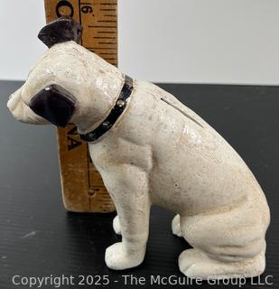 Cast Iron Nipper Dog Coin Bank RCA Mascot 5.75” Tall<br>

<br><br>

Removal Options:<br><br> Sat (Nov 8) & Sun (Nov 9) 11-3pm, 56 Scotch Hill Rd., Cambridge NY 12816<br><br>

Sat (Nov 15) 12-2pm, TMG Warehouse, 2800 Juniper St., Fairfax, VA 22031<br><br>

Request Shipping (david@themcguiregroupllc.com) 