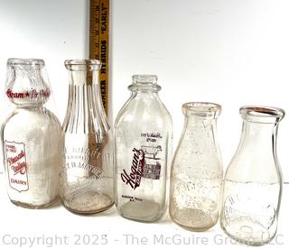 Group of Five (5) Glass Milk Bottles Including Pleasant Valley, Hogan's and Percy Mather<br>

<br><br>

Removal Options:<br><br> Sat (Nov 8) & Sun (Nov 9) 11-3pm, 56 Scotch Hill Rd., Cambridge NY 12816<br><br>

Sat (Nov 15) 12-2pm, TMG Warehouse, 2800 Juniper St., Fairfax, VA 22031<br><br>

Request Shipping (david@themcguiregroupllc.com)