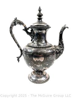 Meriden Britannia 1835 Series Silver-plated Coffee Pot<br>

<br><br>

Removal Options:<br><br> Sat (Nov 8) & Sun (Nov 9) 11-3pm, 56 Scotch Hill Rd., Cambridge NY 12816<br><br>

Sat (Nov 15) 12-2pm, TMG Warehouse, 2800 Juniper St., Fairfax, VA 22031<br><br>

Request Shipping (david@themcguiregroupllc.com)