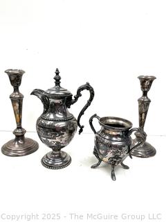 Quadruple Silver Plate Coffee Pot and Sugar and Two (2) Weighted Sterling Silver Candlesticks <br>

<br><br>

Removal Options:<br><br> Sat (Nov 8) & Sun (Nov 9) 11-3pm, 56 Scotch Hill Rd., Cambridge NY 12816<br><br>

Sat (Nov 15) 12-2pm, TMG Warehouse, 2800 Juniper St., Fairfax, VA 22031<br><br>

Request Shipping (david@themcguiregroupllc.com)