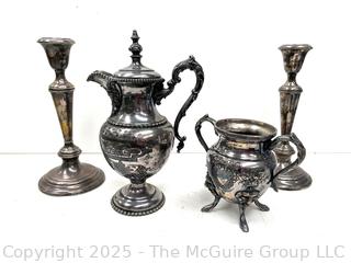 Quadruple Silver Plate Coffee Pot and Sugar and Two (2) Weighted Sterling Silver Candlesticks <br>

<br><br>

Removal Options:<br><br> Sat (Nov 8) & Sun (Nov 9) 11-3pm, 56 Scotch Hill Rd., Cambridge NY 12816<br><br>

Sat (Nov 15) 12-2pm, TMG Warehouse, 2800 Juniper St., Fairfax, VA 22031<br><br>

Request Shipping (david@themcguiregroupllc.com)
