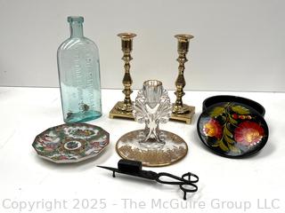 Grouping Including Imari Plate, Candle Snuffers, Russian Painted Keepsafe Box, Embossed Aqua Bottle and Pair of Candlesticks <br>

<br><br>

Removal Options:<br><br> Sat (Nov 8) & Sun (Nov 9) 11-3pm, 56 Scotch Hill Rd., Cambridge NY 12816<br><br>

Sat (Nov 15) 12-2pm, TMG Warehouse, 2800 Juniper St., Fairfax, VA 22031<br><br>

Request Shipping (david@themcguiregroupllc.com)