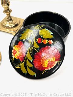 Grouping Including Imari Plate, Candle Snuffers, Russian Painted Keepsafe Box, Embossed Aqua Bottle and Pair of Candlesticks <br>

<br><br>

Removal Options:<br><br> Sat (Nov 8) & Sun (Nov 9) 11-3pm, 56 Scotch Hill Rd., Cambridge NY 12816<br><br>

Sat (Nov 15) 12-2pm, TMG Warehouse, 2800 Juniper St., Fairfax, VA 22031<br><br>

Request Shipping (david@themcguiregroupllc.com)