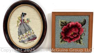 Two (2) Framed Fiber Arts Work. Needlepoint and Hooked <br>

<br><br>

Removal Options:<br><br> Sat (Nov 8) & Sun (Nov 9) 11-3pm, 56 Scotch Hill Rd., Cambridge NY 12816<br><br>

Sat (Nov 15) 12-2pm, TMG Warehouse, 2800 Juniper St., Fairfax, VA 22031<br><br>

Request Shipping (david@themcguiregroupllc.com)