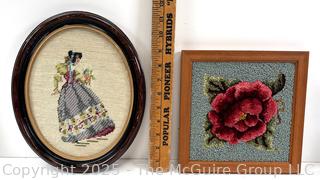Two (2) Framed Fiber Arts Work. Needlepoint and Hooked <br>

<br><br>

Removal Options:<br><br> Sat (Nov 8) & Sun (Nov 9) 11-3pm, 56 Scotch Hill Rd., Cambridge NY 12816<br><br>

Sat (Nov 15) 12-2pm, TMG Warehouse, 2800 Juniper St., Fairfax, VA 22031<br><br>

Request Shipping (david@themcguiregroupllc.com)