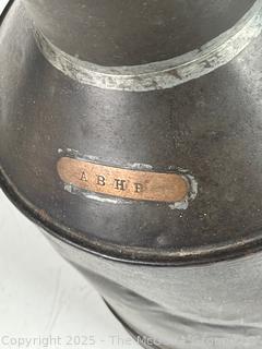 Galvanized Metal Can Used for Transporting Milk or Cream. Copper Plate with Letters "ABHP" <br>

<br><br>

Removal Options:<br><br> Sat (Nov 8) & Sun (Nov 9) 11-3pm, 56 Scotch Hill Rd., Cambridge NY 12816<br><br>

Sat (Nov 15) 12-2pm, TMG Warehouse, 2800 Juniper St., Fairfax, VA 22031<br><br>

Request Shipping (david@themcguiregroupllc.com)