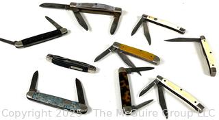 Nine (9) Pocket Knives<br>

<br><br>

Removal Options:<br><br> Sat (Nov 8) & Sun (Nov 9) 11-3pm, 56 Scotch Hill Rd., Cambridge NY 12816<br><br>

Sat (Nov 15) 12-2pm, TMG Warehouse, 2800 Juniper St., Fairfax, VA 22031<br><br>

Request Shipping (david@themcguiregroupllc.com)