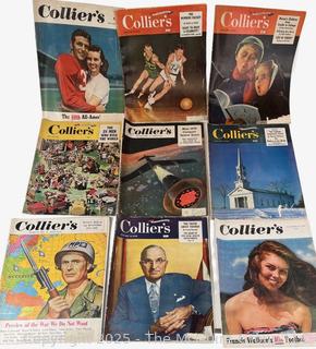 Nine (9) Collier's Magazines circa 1940's <br>

<br><br>

Removal Options:<br><br> Sat (Nov 8) & Sun (Nov 9) 11-3pm, 56 Scotch Hill Rd., Cambridge NY 12816<br><br>

Sat (Nov 15) 12-2pm, TMG Warehouse, 2800 Juniper St., Fairfax, VA 22031<br><br>

Request Shipping (david@themcguiregroupllc.com)