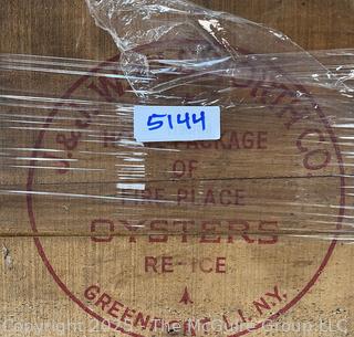 Open Wooden Oyster Box with Stenciling Greenpoint L.I. <br>

<br><br>

Removal Options:<br><br> Sat (Nov 8) & Sun (Nov 9) 11-3pm, 56 Scotch Hill Rd., Cambridge NY 12816<br><br>

Sat (Nov 15) 12-2pm, TMG Warehouse, 2800 Juniper St., Fairfax, VA 22031<br><br>

Request Shipping (david@themcguiregroupllc.com)