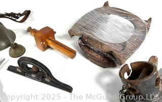 Grouping of Farm and Bench Tools Including Planet Jr. Plow Points and Branded Wrench, Marking Gage, Cow Bell, Hand Crank Jack, Oil Cans, Multi-Tool, Horseshoes and Wood Plane <br>

<br><br>

Removal Options:<br><br> Sat (Nov 8) & Sun (Nov 9) 11-3pm, 56 Scotch Hill Rd., Cambridge NY 12816<br><br>

Sat (Nov 15) 12-2pm, TMG Warehouse, 2800 Juniper St., Fairfax, VA 22031<br><br>

Request Shipping (david@themcguiregroupllc.com)
