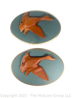 Pair of Wall Mount Geese in Flight Wood Carvings. Made by W.A. Silkworth & Son, Norton, MA
