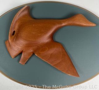 Pair of Wall Mount Geese in Flight Wood Carvings. Made by W.A. Silkworth & Son, Norton, MA