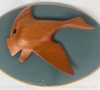 Pair of Wall Mount Geese in Flight Wood Carvings. Made by W.A. Silkworth & Son, Norton, MA