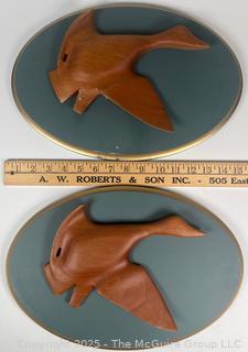Pair of Wall Mount Geese in Flight Wood Carvings. Made by W.A. Silkworth & Son, Norton, MA