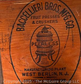 Baccellieri Hand Cranked Wooden Fruit Press<br>

<br><br>

Removal Options:<br><br> Sat (Nov 8) & Sun (Nov 9) 11-3pm, 56 Scotch Hill Rd., Cambridge NY 12816<br><br>

Sat (Nov 15) 12-2pm, TMG Warehouse, 2800 Juniper St., Fairfax, VA 22031<br><br>

Request Shipping (david@themcguiregroupllc.com)
