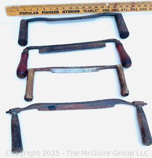 Four Vintage Draw Knives<br>

<br><br>

Removal Options:<br><br> Sat (Nov 8) & Sun (Nov 9) 11-3pm, 56 Scotch Hill Rd., Cambridge NY 12816<br><br>

Sat (Nov 15) 12-2pm, TMG Warehouse, 2800 Juniper St., Fairfax, VA 22031<br><br>

Request Shipping (david@themcguiregroupllc.com)