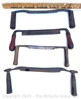 Four Vintage Draw Knives<br>

<br><br>

Removal Options:<br><br> Sat (Nov 8) & Sun (Nov 9) 11-3pm, 56 Scotch Hill Rd., Cambridge NY 12816<br><br>

Sat (Nov 15) 12-2pm, TMG Warehouse, 2800 Juniper St., Fairfax, VA 22031<br><br>

Request Shipping (david@themcguiregroupllc.com)