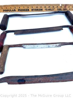Four Vintage Draw Knives<br>

<br><br>

Removal Options:<br><br> Sat (Nov 8) & Sun (Nov 9) 11-3pm, 56 Scotch Hill Rd., Cambridge NY 12816<br><br>

Sat (Nov 15) 12-2pm, TMG Warehouse, 2800 Juniper St., Fairfax, VA 22031<br><br>

Request Shipping (david@themcguiregroupllc.com)