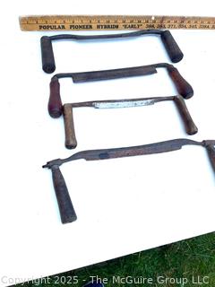 Four Vintage Draw Knives<br>

<br><br>

Removal Options:<br><br> Sat (Nov 8) & Sun (Nov 9) 11-3pm, 56 Scotch Hill Rd., Cambridge NY 12816<br><br>

Sat (Nov 15) 12-2pm, TMG Warehouse, 2800 Juniper St., Fairfax, VA 22031<br><br>

Request Shipping (david@themcguiregroupllc.com)