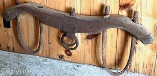 Double Wooden Donkey or Oxen Yoke<br>

<br><br>

Removal Options:<br><br> Sat (Nov 8) & Sun (Nov 9) 11-3pm, 56 Scotch Hill Rd., Cambridge NY 12816<br><br>

Sat (Nov 15) 12-2pm, TMG Warehouse, 2800 Juniper St., Fairfax, VA 22031<br><br>

Request Shipping (david@themcguiregroupllc.com) 