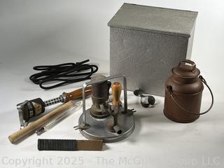 Eclectic Grouping Including Insulated Milk Box and Electric Branding Tool.<br>

<br><br>

Removal Options:<br><br> Sat (Nov 8) & Sun (Nov 9) 11-3pm, 56 Scotch Hill Rd., Cambridge NY 12816<br><br>

Sat (Nov 15) 12-2pm, TMG Warehouse, 2800 Juniper St., Fairfax, VA 22031<br><br>

Request Shipping (david@themcguiregroupllc.com) 