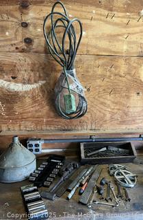 Grouping of Bench Tools Including Extension Cord, Sockets, Rachets, Funnel and Pipe Cutter<br>

<br><br>

Removal Options:<br><br> Sat (Nov 8) & Sun (Nov 9) 11-3pm, 56 Scotch Hill Rd., Cambridge NY 12816<br><br>

Sat (Nov 15) 12-2pm, TMG Warehouse, 2800 Juniper St., Fairfax, VA 22031<br><br>

Request Shipping (david@themcguiregroupllc.com) 