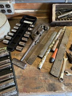 Grouping of Bench Tools Including Extension Cord, Sockets, Rachets, Funnel and Pipe Cutter<br>

<br><br>

Removal Options:<br><br> Sat (Nov 8) & Sun (Nov 9) 11-3pm, 56 Scotch Hill Rd., Cambridge NY 12816<br><br>

Sat (Nov 15) 12-2pm, TMG Warehouse, 2800 Juniper St., Fairfax, VA 22031<br><br>

Request Shipping (david@themcguiregroupllc.com) 