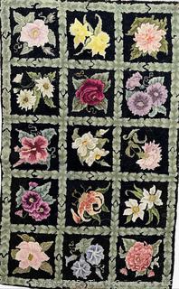 Hand Hooked Rug in Floral Block Pattern on Black Ground. Measures 27 x 49"<br>

<br><br>

Removal Options:<br><br> Sat (Nov 8) & Sun (Nov 9) 11-3pm, 56 Scotch Hill Rd., Cambridge NY 12816<br><br>

Sat (Nov 15) 12-2pm, TMG Warehouse, 2800 Juniper St., Fairfax, VA 22031<br><br>

Request Shipping (david@themcguiregroupllc.com)