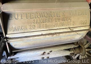 Antique Threshing Machine Used to Separate Grain From Stalks and Husks.  Butterworth's Pat. 1884 Stenciled on Original Yellow Paint<br>

<br><br>

Removal Options:<br><br> Sat (Nov 8) & Sun (Nov 9) 11-3pm, 56 Scotch Hill Rd., Cambridge NY 12816<br><br>

Sat (Nov 15) 12-2pm, TMG Warehouse, 2800 Juniper St., Fairfax, VA 22031<br><br>

Request Shipping (david@themcguiregroupllc.com)
