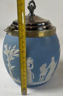 Wedgwood Jasperware Blue Biscuit Barrel Jar <br>

<br><br>

Removal Options:<br><br> Sat (Nov 8) & Sun (Nov 9) 11-3pm, 56 Scotch Hill Rd., Cambridge NY 12816<br><br>

Sat (Nov 15) 12-2pm, TMG Warehouse, 2800 Juniper St., Fairfax, VA 22031<br><br>

Request Shipping (david@themcguiregroupllc.com)