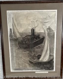 Framed Under Glass Charcoal on Paper of Boats Signed by Artist Jennie Mae McGuire 2 Sided (WAS 675 and 678) <br> 

<br><br>

Removal Options:<br><br> Sat (Nov 8) & Sun (Nov 9) 11-3pm, 56 Scotch Hill Rd., Cambridge NY 12816<br><br>

Sat (Nov 15) 12-2pm, TMG Warehouse, 2800 Juniper St., Fairfax, VA 22031<br><br>

Request Shipping (david@themcguiregroupllc.com)