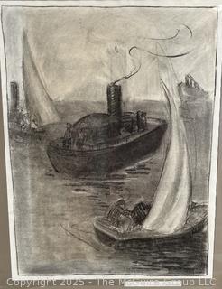Framed Under Glass Charcoal on Paper of Boats Signed by Artist Jennie Mae McGuire 2 Sided (WAS 675 and 678) <br> 

<br><br>

Removal Options:<br><br> Sat (Nov 8) & Sun (Nov 9) 11-3pm, 56 Scotch Hill Rd., Cambridge NY 12816<br><br>

Sat (Nov 15) 12-2pm, TMG Warehouse, 2800 Juniper St., Fairfax, VA 22031<br><br>

Request Shipping (david@themcguiregroupllc.com)