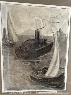 Framed Under Glass Charcoal on Paper of Boats Signed by Artist Jennie Mae McGuire 2 Sided (WAS 675 and 678) <br> 

<br><br>

Removal Options:<br><br> Sat (Nov 8) & Sun (Nov 9) 11-3pm, 56 Scotch Hill Rd., Cambridge NY 12816<br><br>

Sat (Nov 15) 12-2pm, TMG Warehouse, 2800 Juniper St., Fairfax, VA 22031<br><br>

Request Shipping (david@themcguiregroupllc.com)