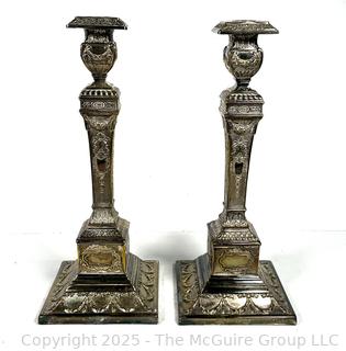 Pair of B. Henneberg Warszawa Silver Plated Shabbat Candlesticks Warsaw Poland