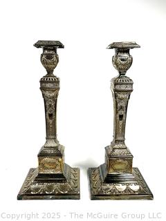 Pair of B. Henneberg Warszawa Silver Plated Shabbat Candlesticks Warsaw Poland