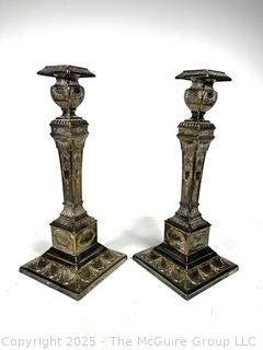 Pair of B. Henneberg Warszawa Silver Plated Shabbat Candlesticks Warsaw Poland