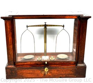 19th Century Becker & Sons Gold Apothecary Scale in Mahogany Glass Case