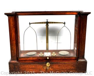 19th Century Becker & Sons Gold Apothecary Scale in Mahogany Glass Case