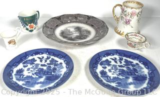 Porcelainware Including Blue Willow and John Alcock Vincennes Black Transferware Plate