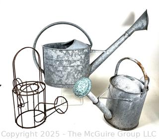 Two (2) Galvanized Metal and Decorative Wire Watering Cans 