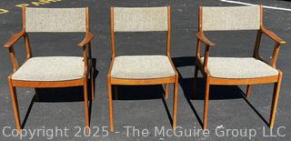 Set of Three (3) Mid Century Danish Modern Teak Dining Chairs by Scandinavia Woodworks. One with Damage on Arm as Shown. 