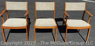 Set of Three (3) Mid Century Danish Modern Teak Dining Chairs by Scandinavia Woodworks. One with Damage on Arm as Shown. 