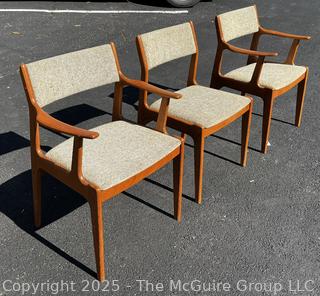 Set of Three (3) Mid Century Danish Modern Teak Dining Chairs by Scandinavia Woodworks. One with Damage on Arm as Shown. 