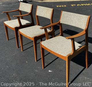 Set of Three (3) Mid Century Danish Modern Teak Dining Chairs by Scandinavia Woodworks. One with Damage on Arm as Shown. 