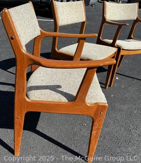 Set of Three (3) Mid Century Danish Modern Teak Dining Chairs by Scandinavia Woodworks. One with Damage on Arm as Shown. 