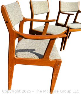 Set of Three (3) Mid Century Danish Modern Teak Dining Chairs by Scandinavia Woodworks. One with Damage on Arm as Shown. 