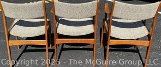 Set of Three (3) Mid Century Danish Modern Teak Dining Chairs by Scandinavia Woodworks. One with Damage on Arm as Shown. 