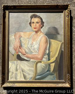 Framed Oil On Canvas Of Seated Woman Signed By Artist. See All Photos For Various Punctures And Tears In Canvas. 29 x 35"